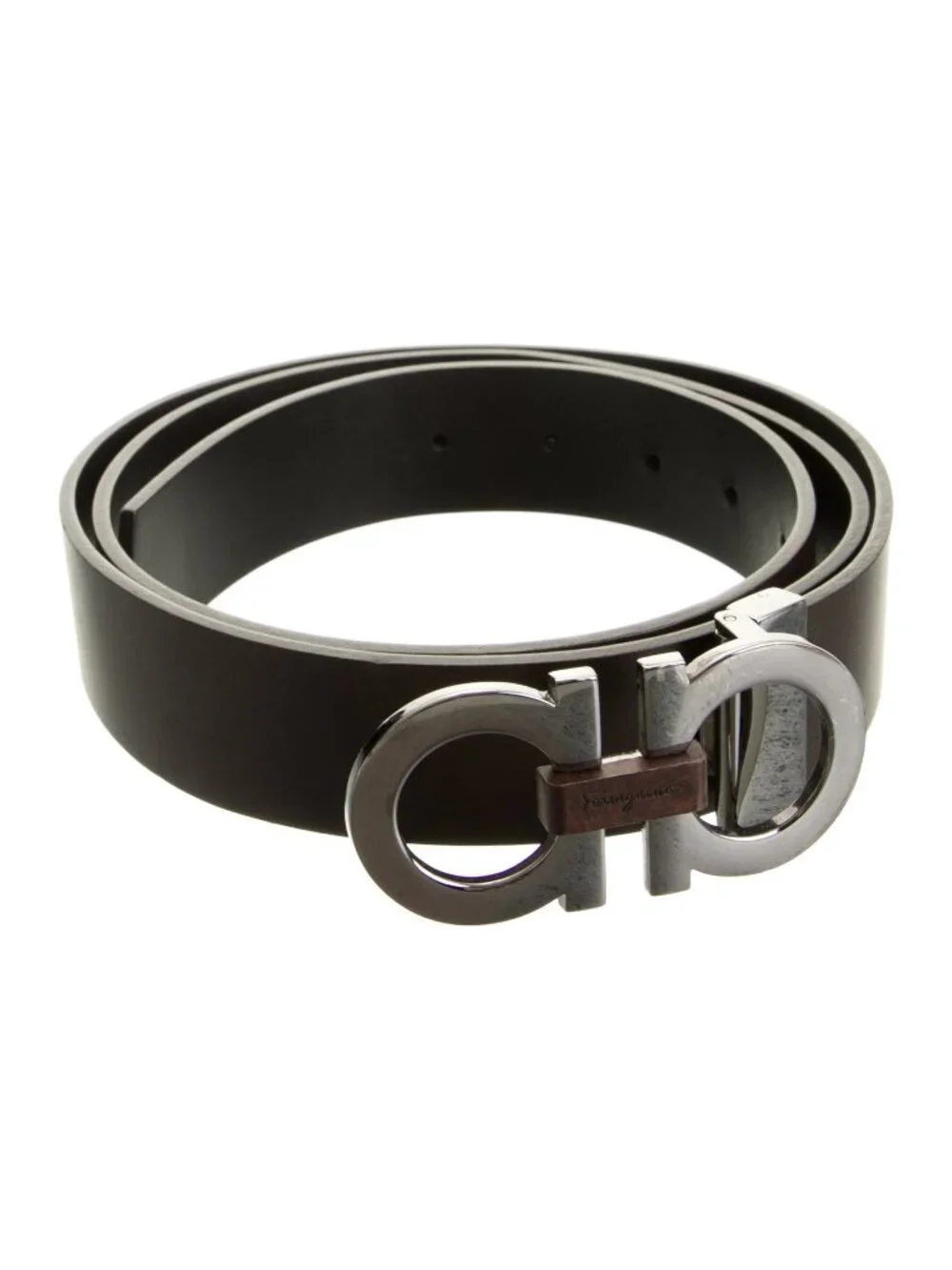 FERRAGAMO Reversible Double Gancini Leather Belt – Wood Bit Inlay